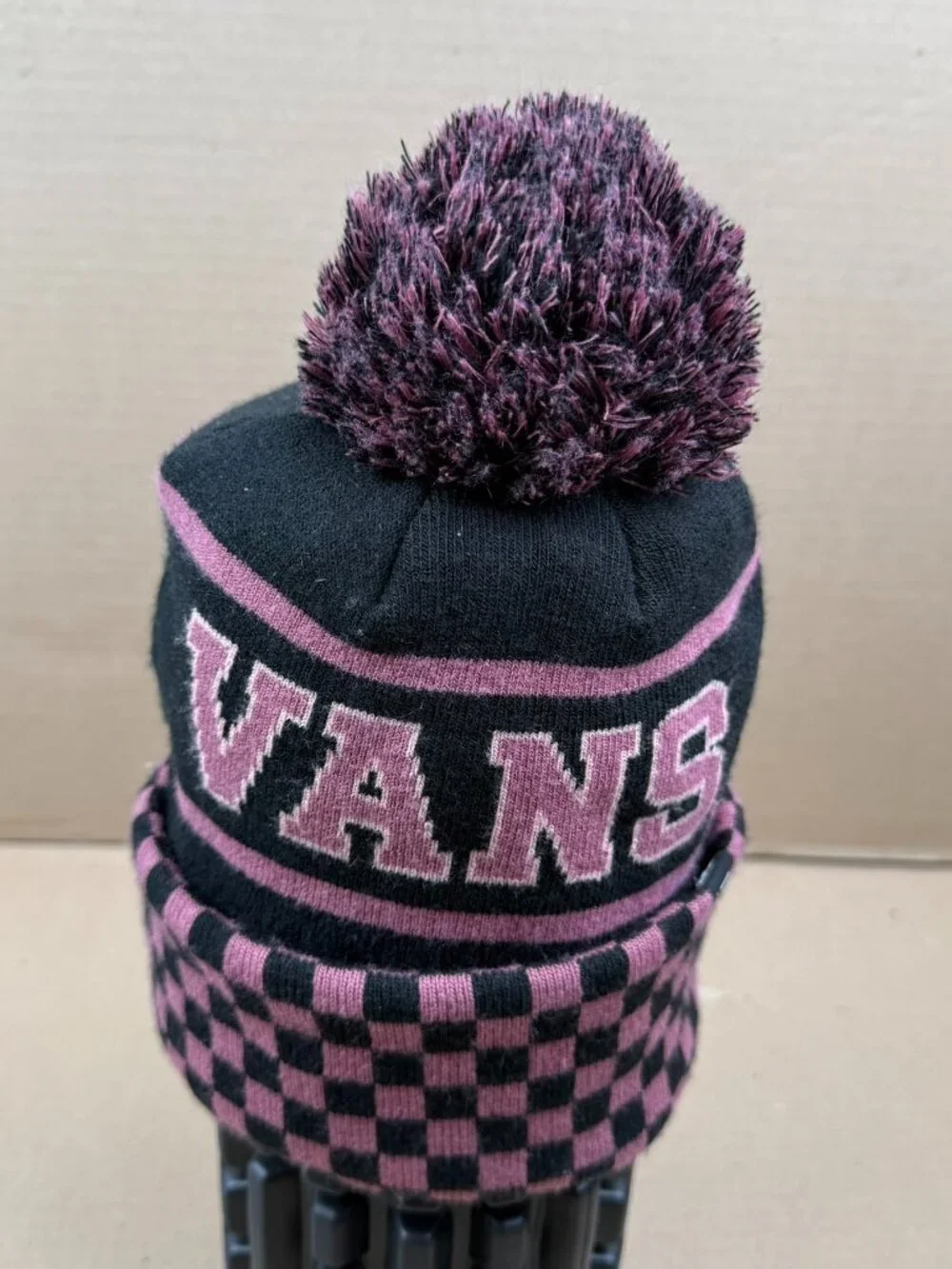 VANS Pom Pom Beanie Hat Black Pink Checkered Logo Winter Cap One Size